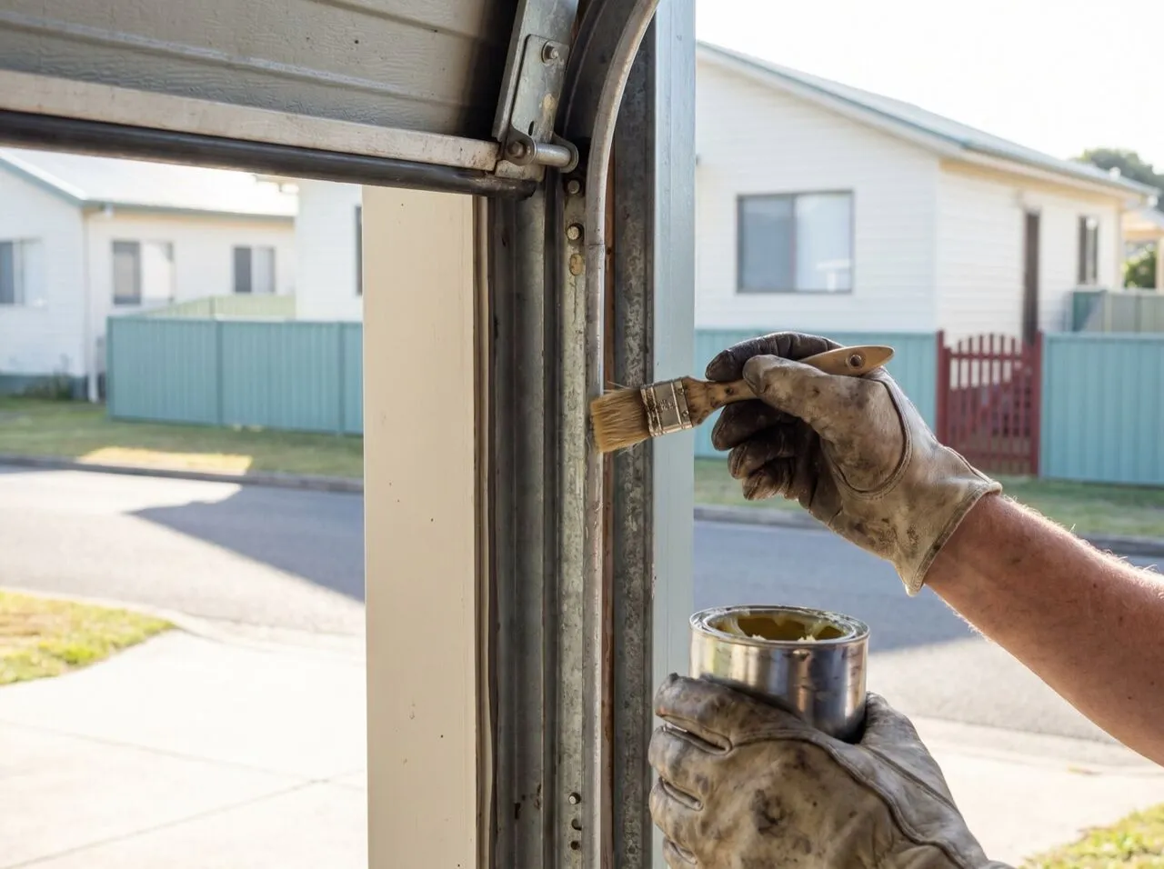 Gloved hands greasing a garage door track with a brush