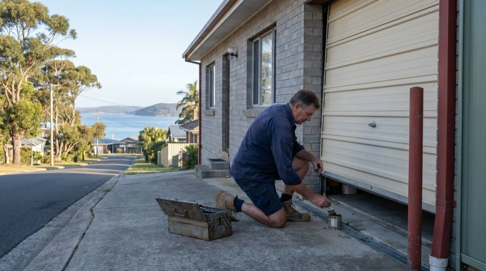 A garage door technician greasing the track of a raised sectional door on a coastal street