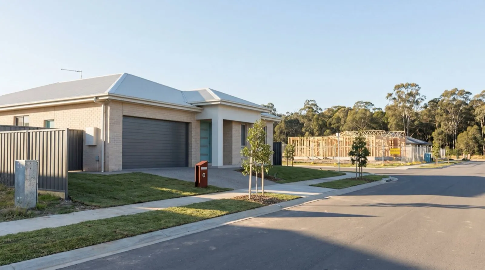 A new brick home with a wide double sectional garage door in a Medowie estate, house frames going up down the street