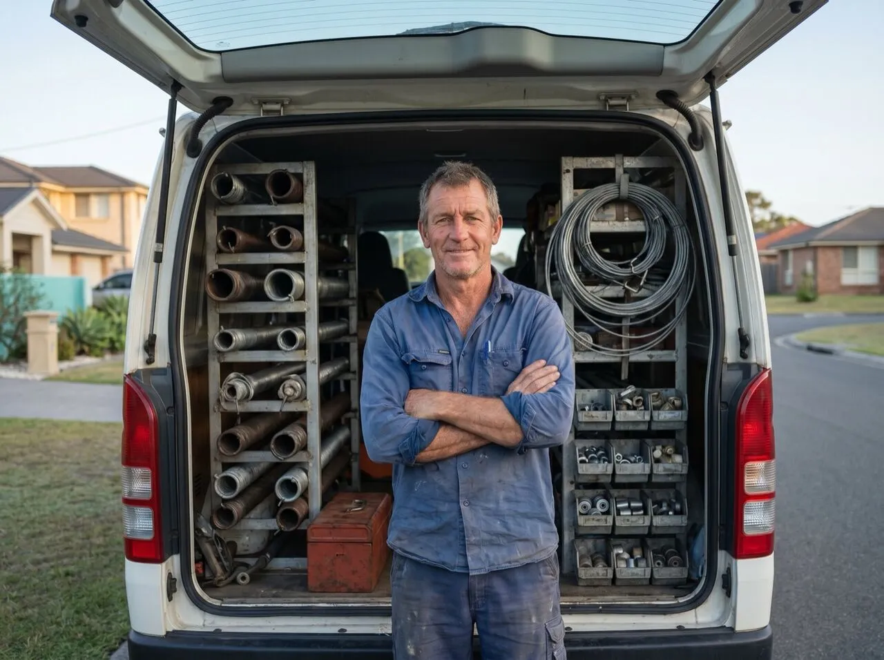 A garage door technician standing at the open rear doors of his van, springs and cables racked inside